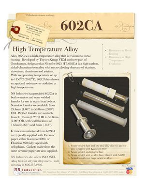 Cover of the NS Industries 602CA – High Temperature Alloy specification sheet