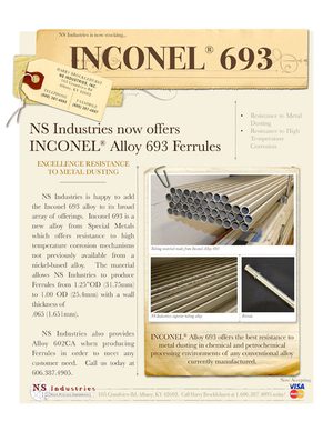 Cover of the NS Industries Inconel® Alloy 693 Ferrules specification sheet