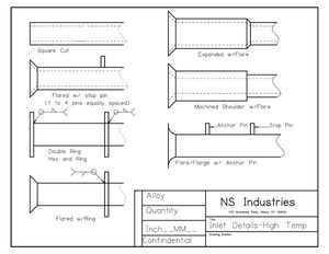 Drawing of high temperature inlet end details including expanded with flare, machined shoulder with flare, anchor pin and stop pin