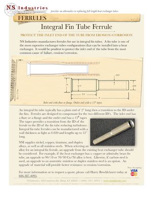 Cover of the NS Industries Integral Fin Tube Ferrule specification sheet