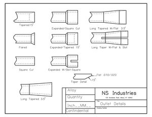 Drawing of outlet end details including tapered 15 degrees, expanded and square cut, long tapered with flat, flared, and expanded and tapered 15 degrees